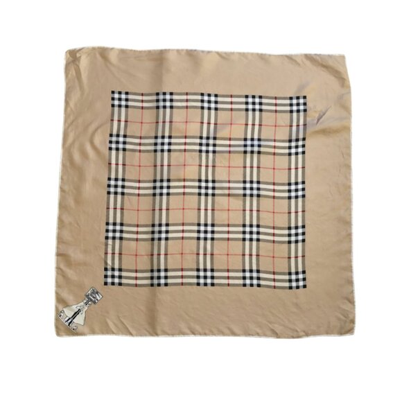 Vintage Burberry Silk Scarf Wrap Square Tan Black Plaid Handkerchief Neck Tie - Picture 9 of 9